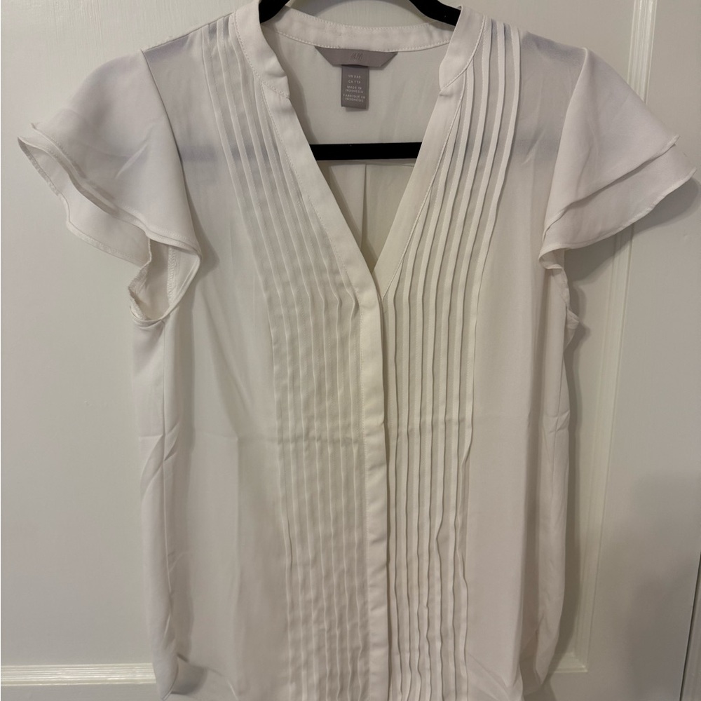 H&M White Pleated Blouse with Flutter Sleeves